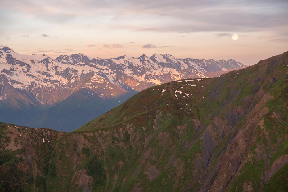 The moon setting at Koruldi lakes, Georgia