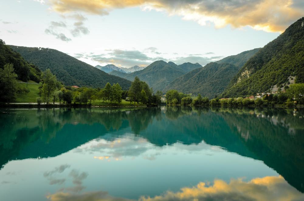 Sunset over the river Soča, Slovenia