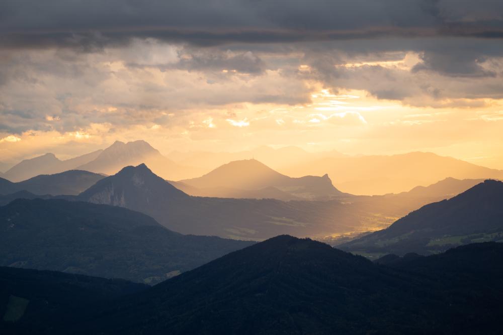 Golden light over the mountains around Traunsee, Austria