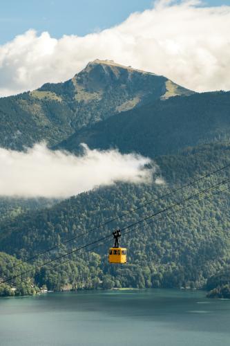 Cute Wes Anderson like cable cars at Wolfgangsee, Austria