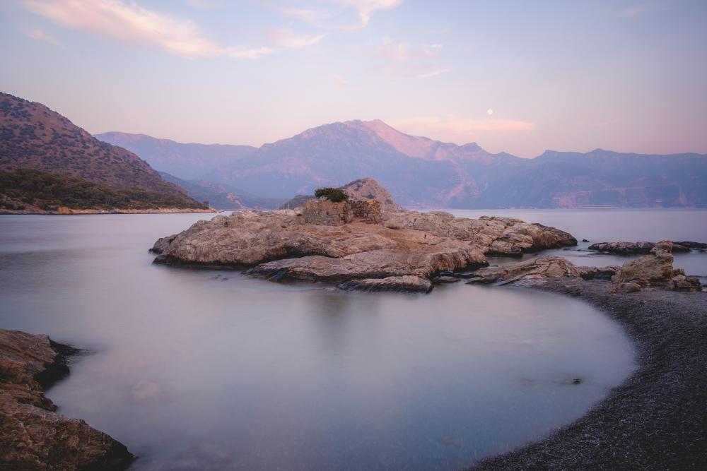A small island with an old temple at sunrise, Turkey