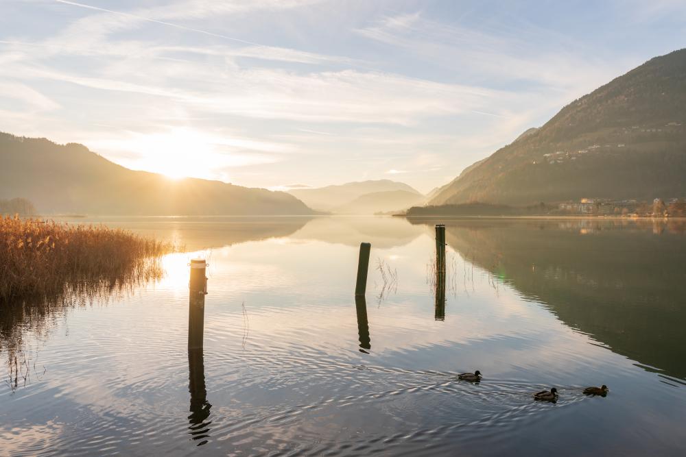 Winter sunset at Lake Lake Ossiach, Carinthia, Austria
