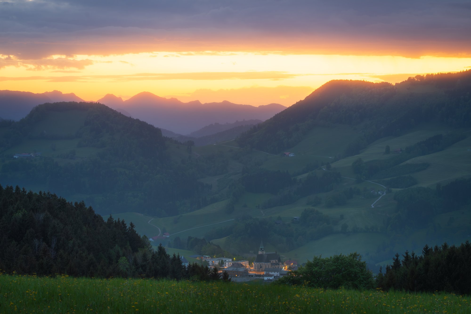 Maria Neustift  during a glowing spring sunset, Austria