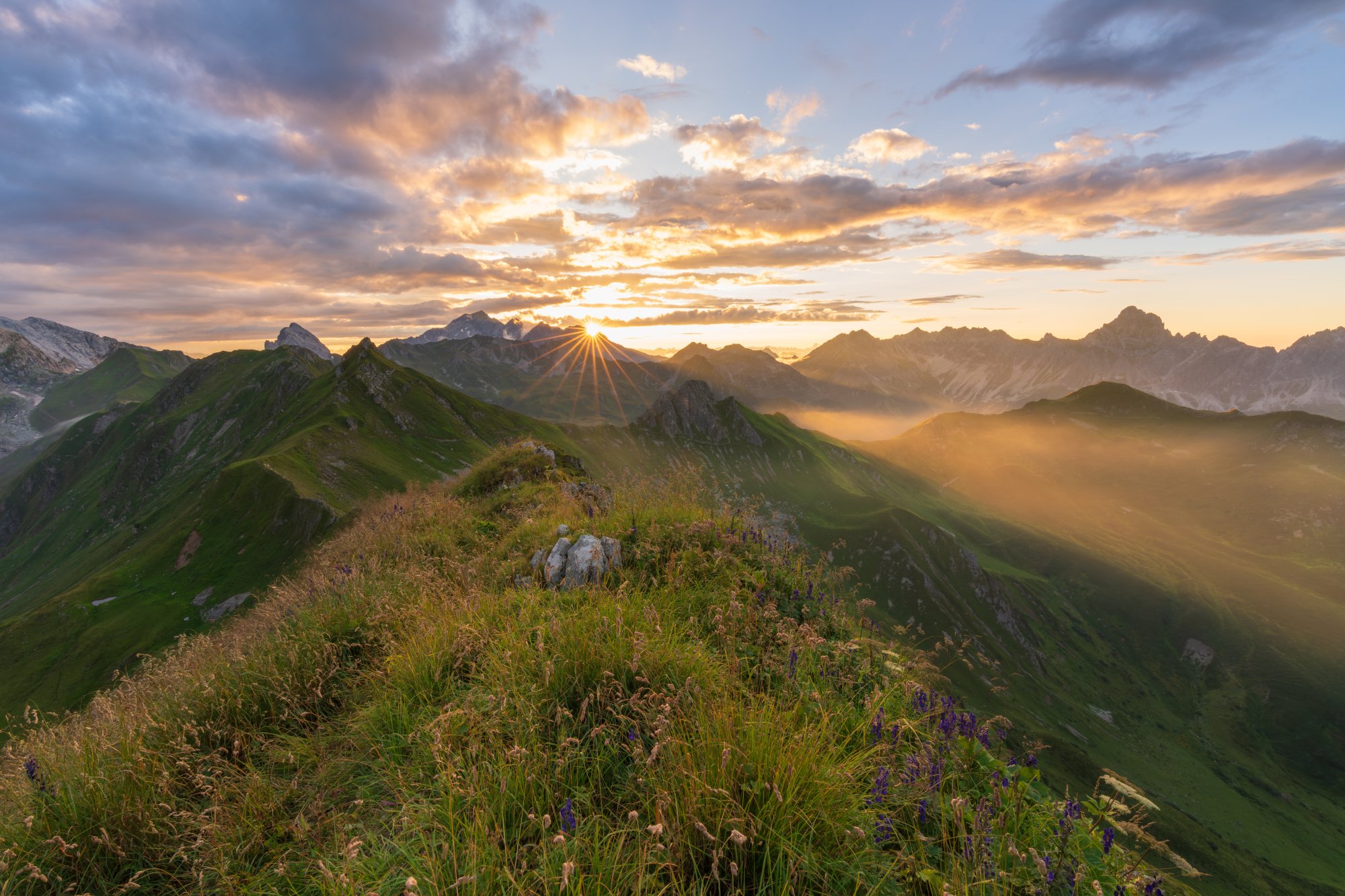 Spectacular summer sunset from Geißspitze, Vorarlberg, Austria