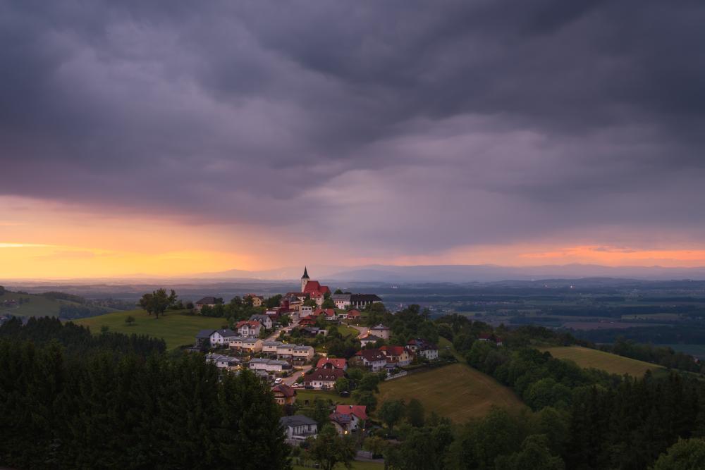 Stormy spring sunset over St. Michael, Mostviertel, Austria
